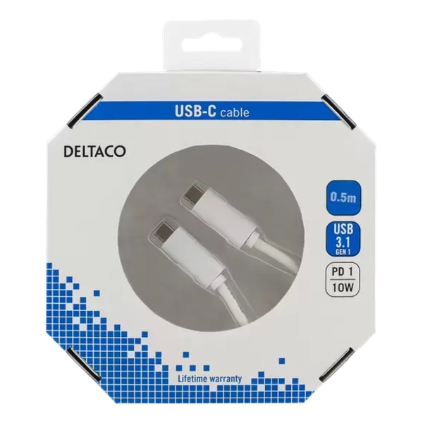 Deltaco USB-kabel USB-C till USB-C 2A, 0,5 m - Vit