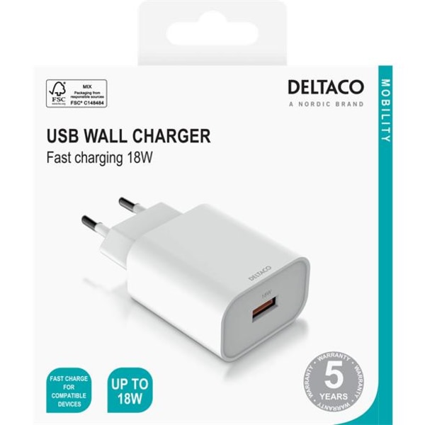 DELTACO USB-A väggladdare 18W