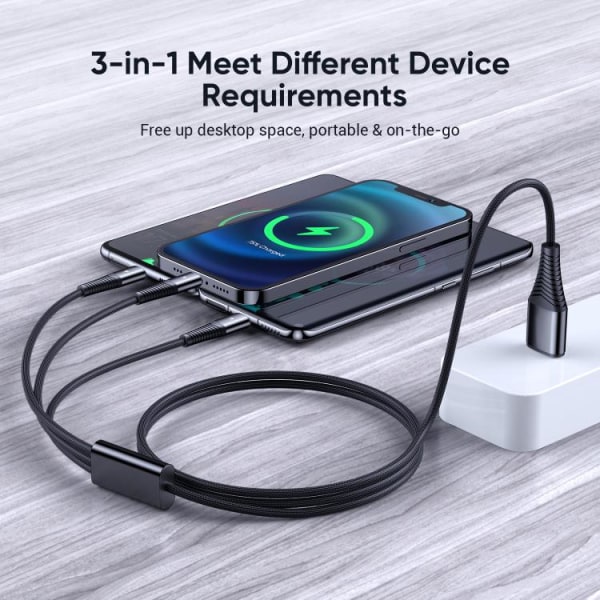 SiGN 3-in-1 Kabel Lightning, USB-C, Micro-USB, 3A, 1.2m - Svart