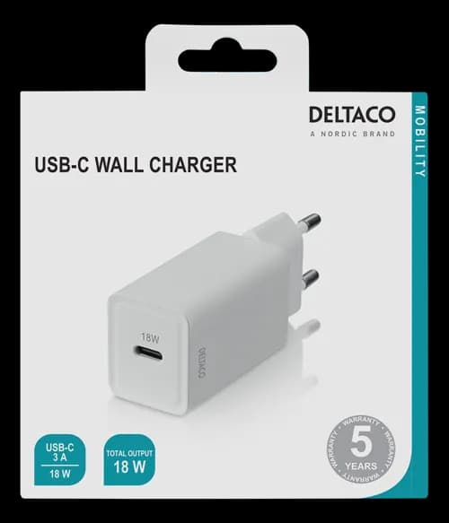 Deltaco Väggladdare USB-C PD, 5V, 3A, 18W - Vit