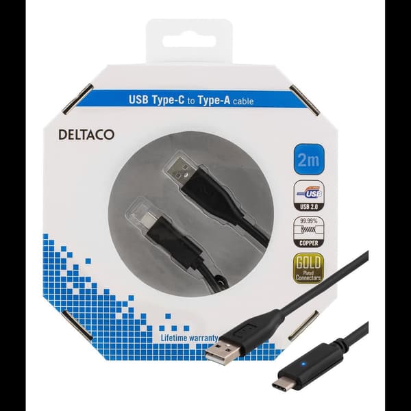 DELTACO USB 2.0-kabel, 2m, Typ C - Typ A hane, PD profil 1, svart