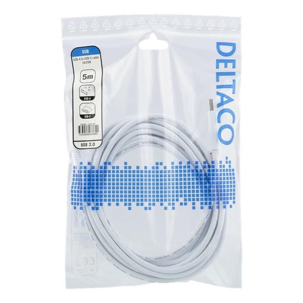 Deltaco USB-A till USB-C kabel, 5m, 1A, USB 2.0 - Vit