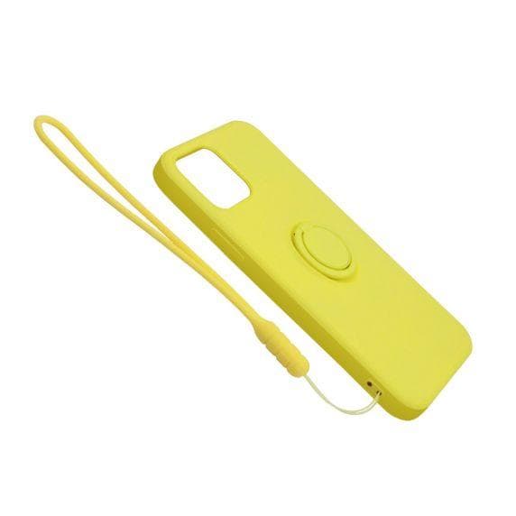 Apple iPhone 12 Mini Soft Liquid Silicone Case Yellow with Magnetic Ring Holder Stand and Slim Hands Strap High Quality