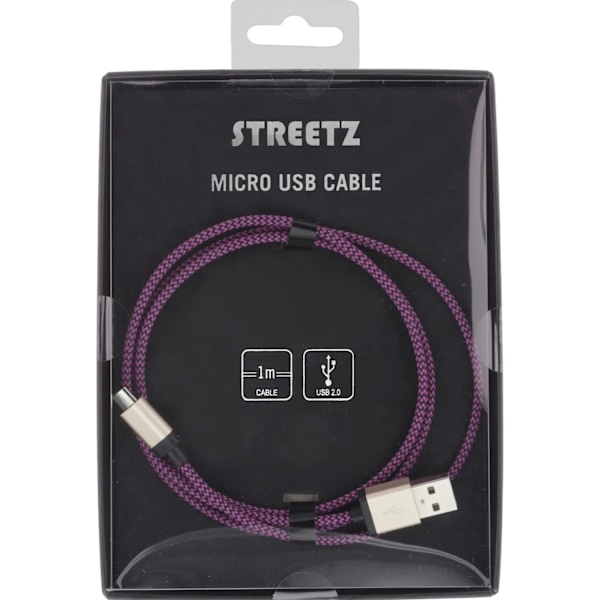 USB-synk-/laddarkabel, tygklädd, USB Typ A ha - USB Micro B ha, 1m, lila.