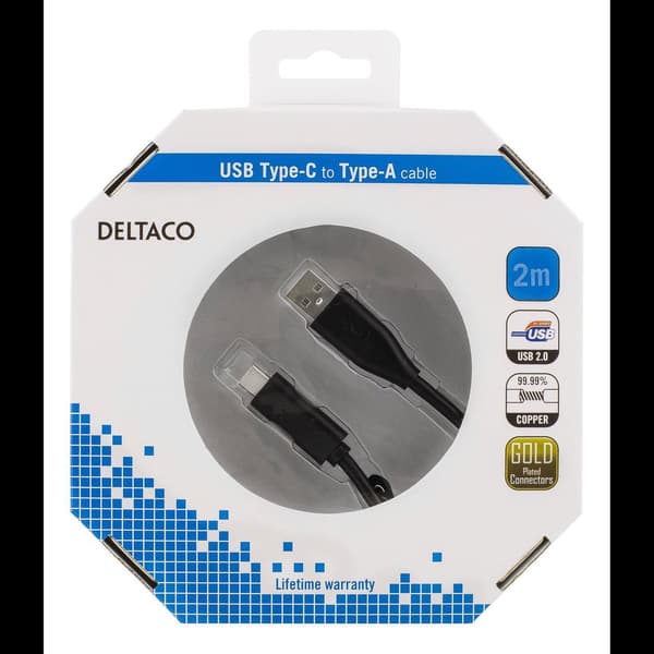 DELTACO USB 2.0-kabel, 2m, Typ C - Typ A hane, PD profil 1, svart