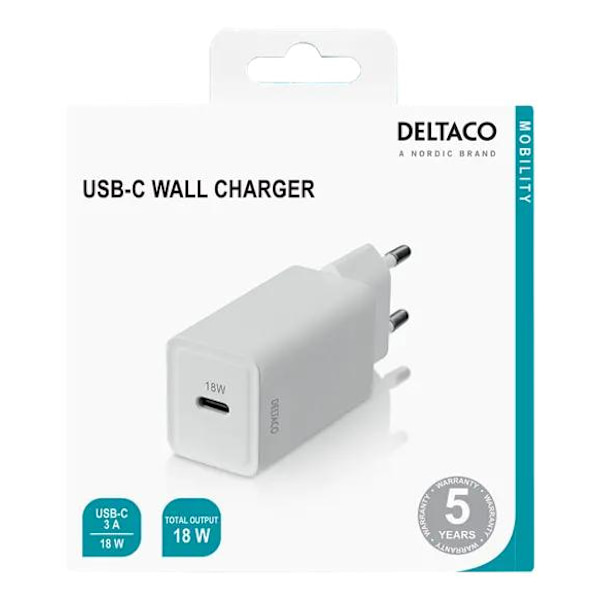 Deltaco Väggladdare USB-C PD, 5V, 3A, 18W - Vit