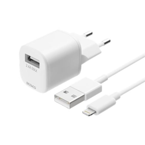 Deltaco PD Väggladdare med USB-A till Lightning Kabel 1m, 20W -