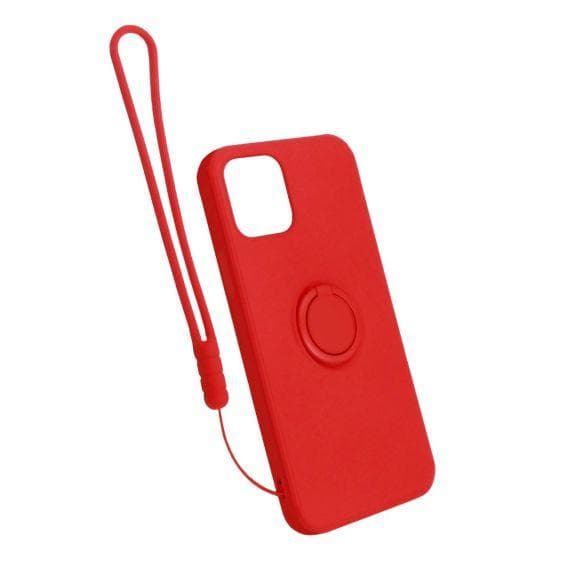 iPhone 12 Mini Soft Liquid Silicone Case Red with Magnetic Ring Holder Stand and Slim Hands Strap High Quality