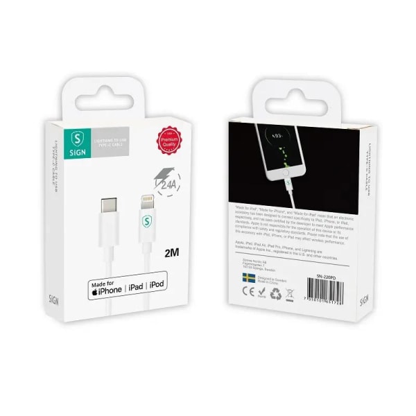 SiGN USB-C till Lightning-kabel 2m, MFi, 3A, 20W - Vit