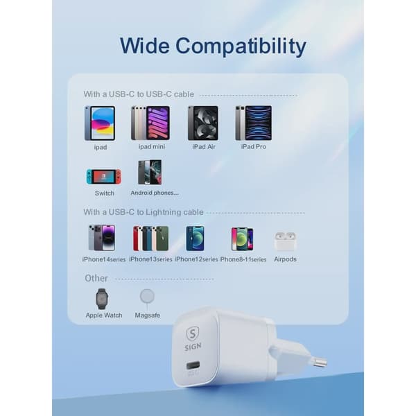 SiGN Mini Snabbladdare USB-C PD 20W - Vit