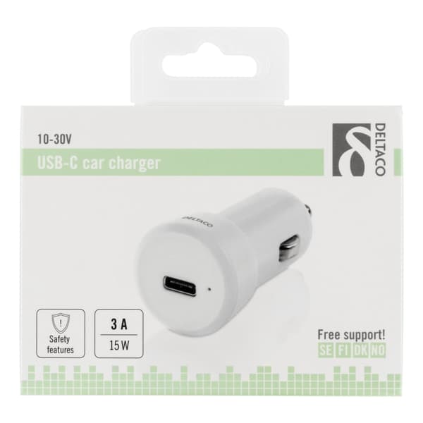 Billaddare med USB-C, 10-30V input, 5V 3A 15W output, USB-C hona, vit