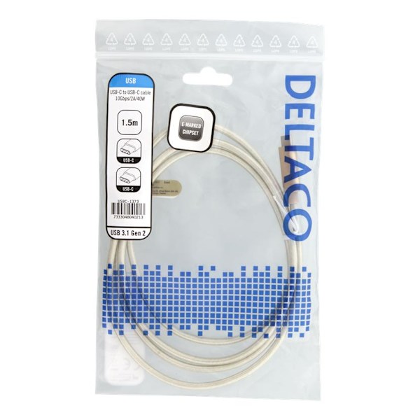 DELTACO USB-C to USB-C cable, 1.5m, 40W USB PD, 10 Gbps