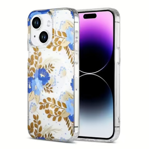 iPhone 14/15 Plus Mobilskal MagSafe - Blommor Blå/Guld