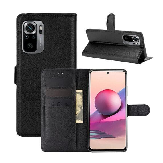 Flip Stand Leather Wallet Case For Xiaomi Redmi Note 10/Redmi Note 10S Black