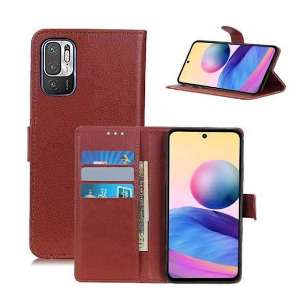 Flip Stand Leather Wallet Case For Xiaomi Redmi Note 10 5G Brown