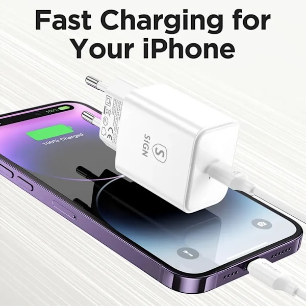 SiGN iPhone USB-C PD Snabbladdare 20W med USB-C till Lightning-kabel, 2m - Vit