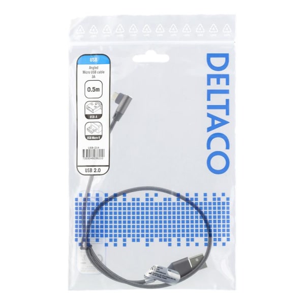 DELTACO USB-A till vinklad USB Micro-B kabel, 0,5m, 3A, USB 2.0,