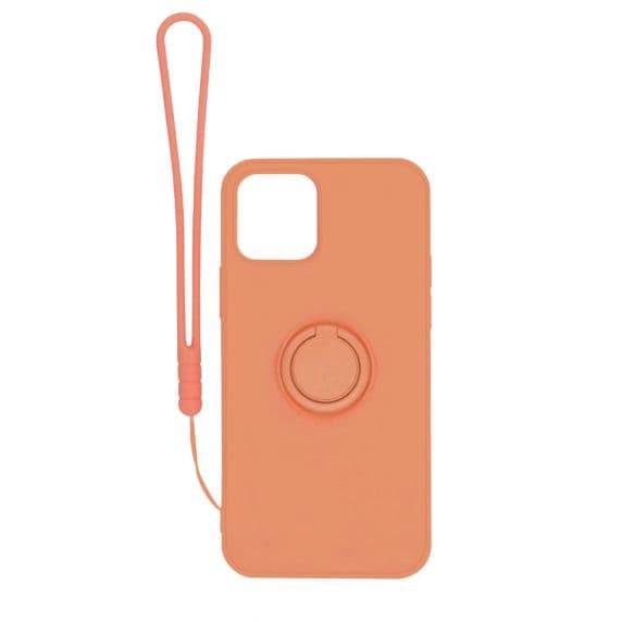 Apple iPhone 12 Pro Max Soft Liquid Silicone Case Orange with Magnetic Ring Holder Stand and Slim Hands Strap High Quality