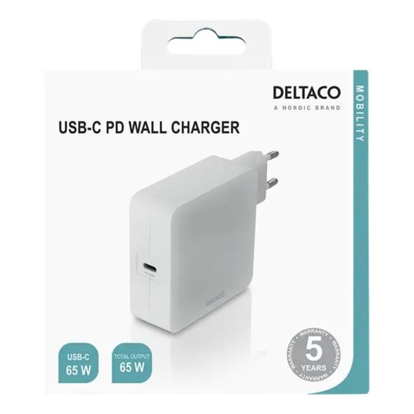 Deltaco 65W Laddare, USB-C PD, Snabbladdning, MacBook, iPhone m.