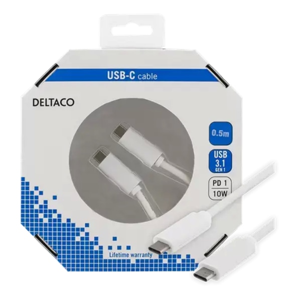 Deltaco USB-kabel USB-C till USB-C 2A, 0,5 m - Vit