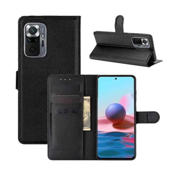 Flip Stand Leather Wallet Case For Xiaomi Redmi Note 10 Pro Black
