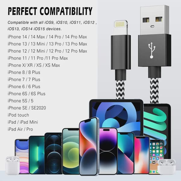 USB to Lightning Kabel 2.4A, 3m - Svart/Vit