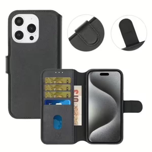 iPhone 16 Pro Max Plånboksfodral Äkta Läder Rvelon - Svart