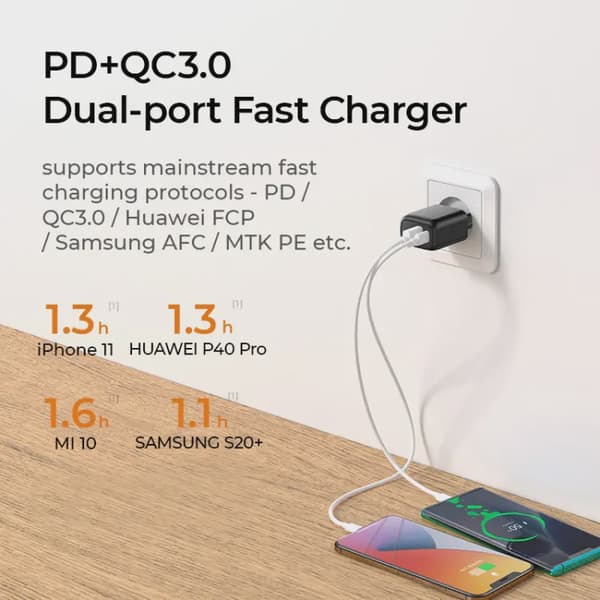 SiGN Snabbladdare USB & USB-C, PD & Q.C3.0, 3.5A, 20W - Vit
