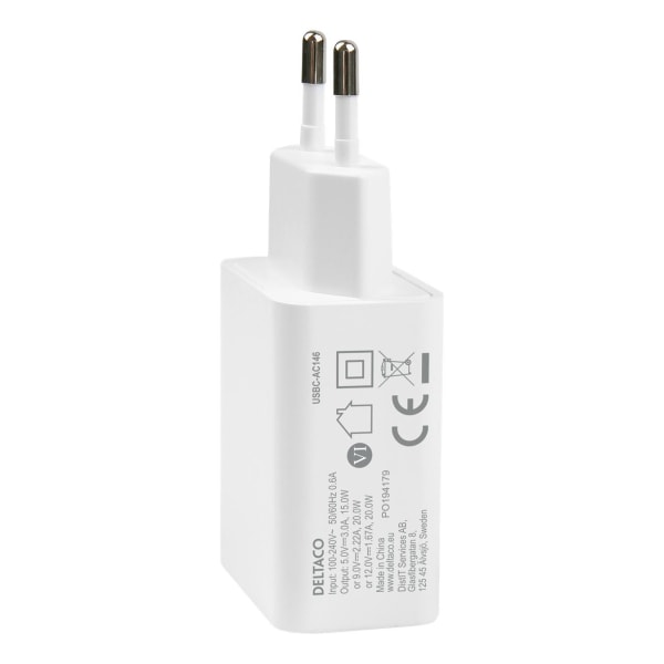 DELTACO USB-C PD väggladdare med avtagbar USB-C till USB-C kabel