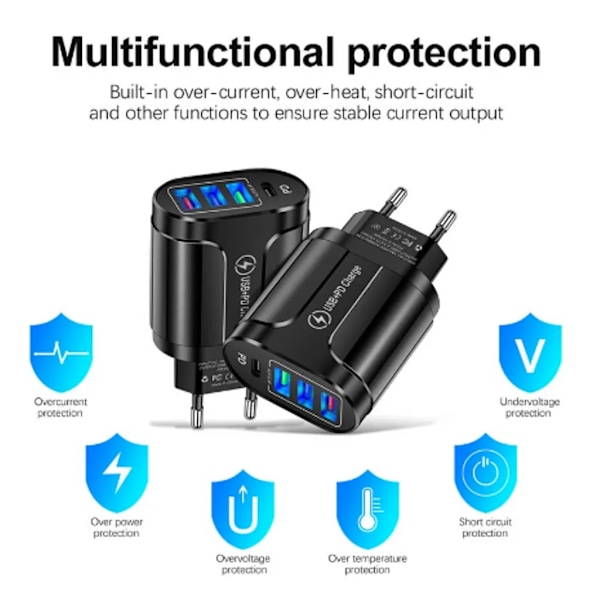 SiGN Snabbladdare USB-C & 3xUSB-A, PD & Q.C 3.0, 36W - Vit