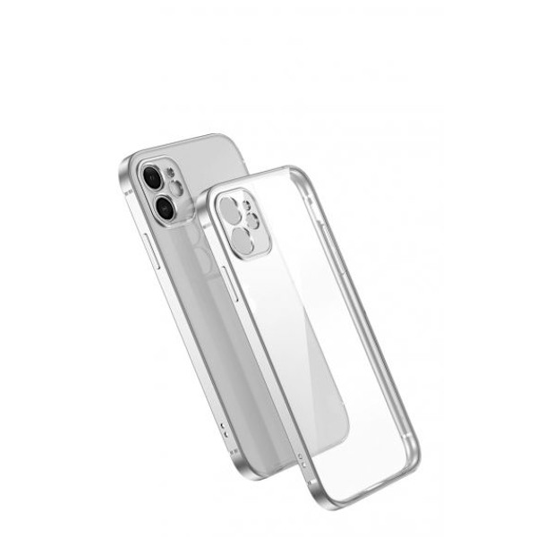 Apple iPhone 12 Luxury Classic Square Frame Protection Case Silver With Soft Thin Transparent Camera Protector High Quality