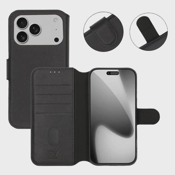 Rvelon Plånboksfodral Äkta Läder för iPhone 17 Pro Max - Svart