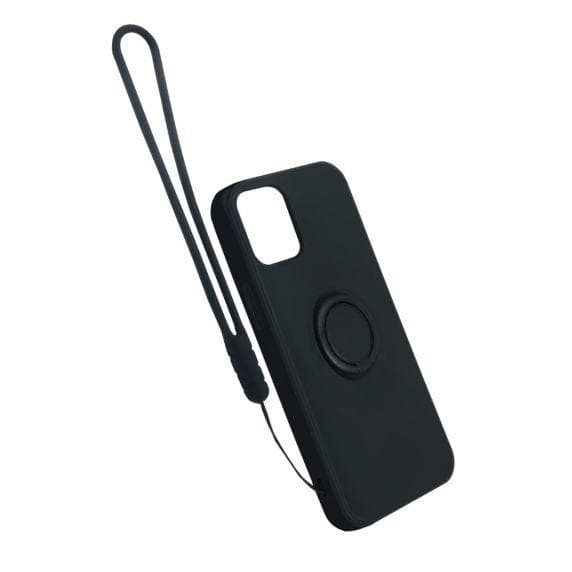 Apple iPhone 12 Pro Max Soft Liquid Silicone Case Black with Magnetic Ring Holder Stand and Slim Hands Strap High Quality