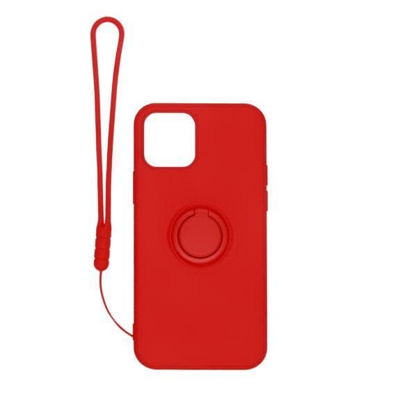 iPhone 12 Mini Soft Liquid Silicone Case Red with Magnetic Ring Holder Stand and Slim Hands Strap High Quality
