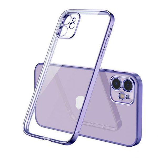 Apple iPhone 12 Luxury Classic Square Frame Protection Case Purple With Soft Thin Transparent Camera Protector High Quality