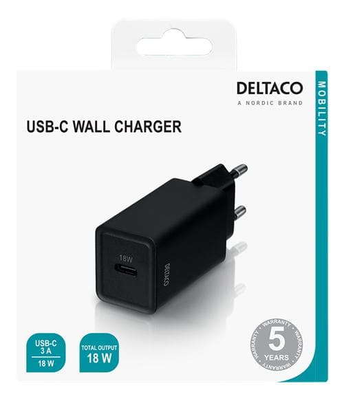 DELTACO USB-C wall charger with PD, 5 V/3 A, 18 W, black