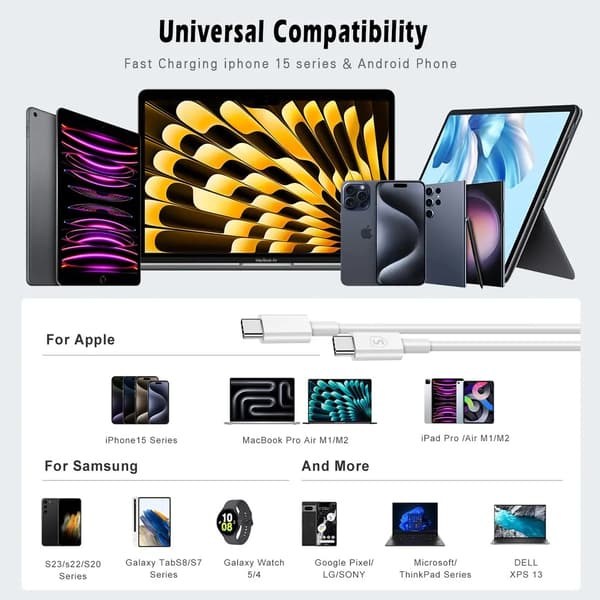 SiGN Snabbladdningskabel USB-C till USB-C 60W, 3A, 2m USB-C PD - Vit