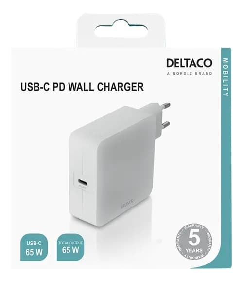 Deltaco 65W Laddare, USB-C PD, Snabbladdning, MacBook, iPhone m.fl.