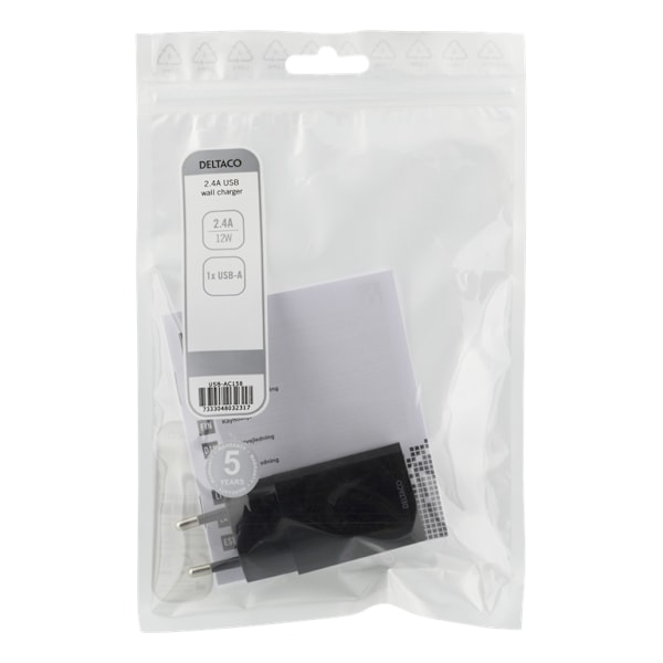 DELTACO väggladdare 100-240 V till 5 V USB, 2,4 A, 12 W, 1x USB-A port, vit påse, svart
