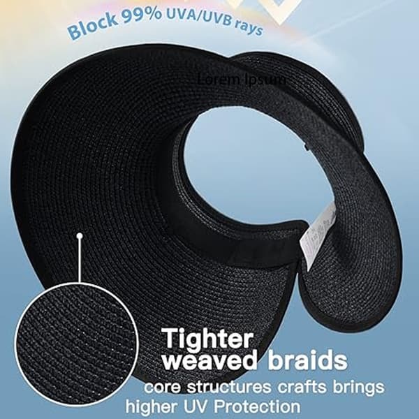 Solhatte til kvinder Bredskygget strandhat Stråvisir Hestehale Sommer UV Pakbar Sammenfoldelig Strandferie Essentials