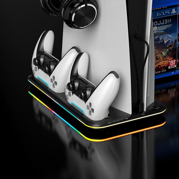 PS5-stander med kølestation og controller-ladestation PS5-tilbehør - Køleventilator RGB LED-hovedtelefonholder 6 PS5-spillepladser Black
