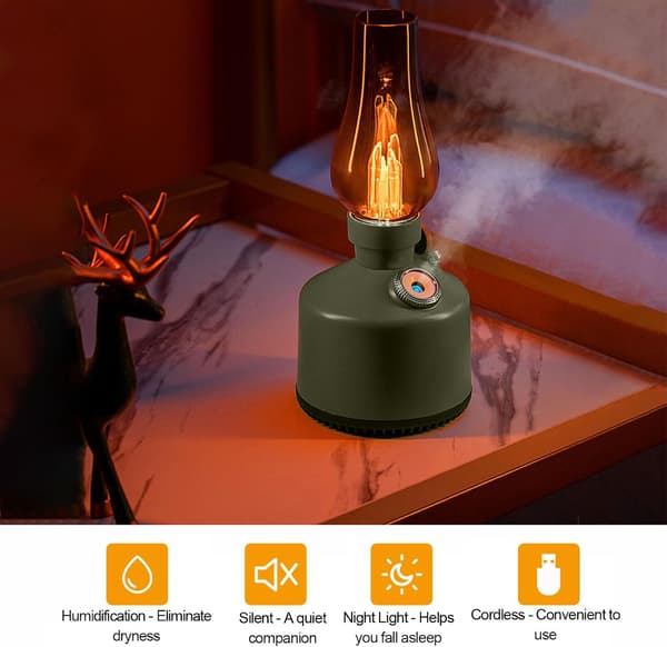 Retro Lantern Luftfukter - 280ml Grønn Oljelampe Stil Aroma Diffuser med 2 Tåkemoduser og Dimbar Lys