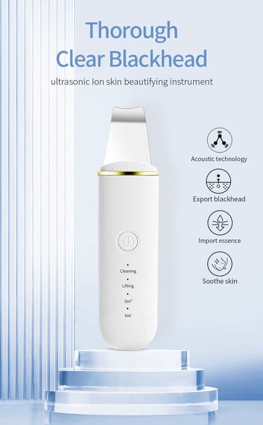 Ansigtsrens - Hudormefjerner - Ansigtskraber med 3 tilstande - Rensende, løftende, ionisk funktion - USB genopladelig - Hvid