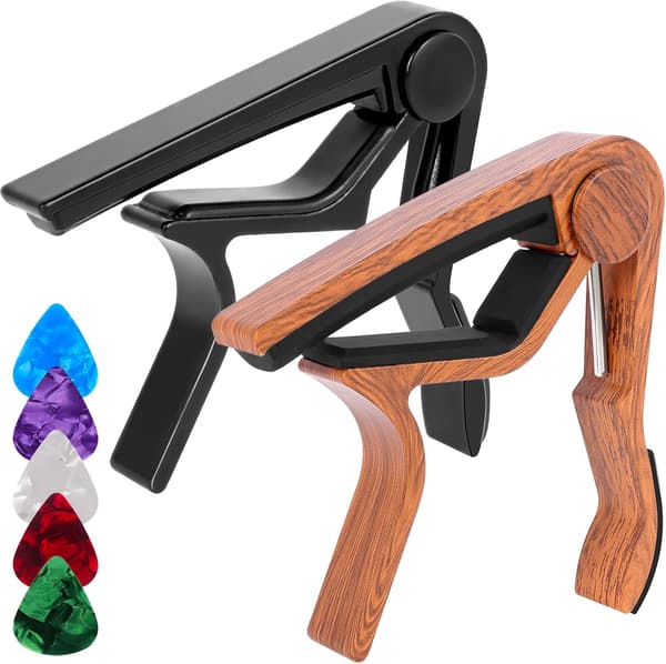 2-pack gitarrkapo för akustisk och elgitarr 6 strängar, svart & träfärgad kapo med 5 plektrum