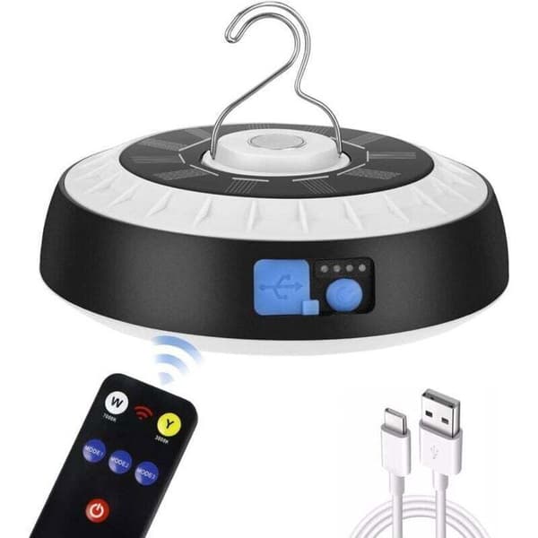 LED Campinglanterne - Kraftig Magnet - Innebygd Krok - 6 Lysmoduser - Sol- og USB-oppladbar