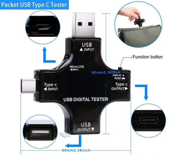 USB C-testare, 2-i-1 Typ C USB-testare Färgskärm IPS Digital Multimeter, Spänning, Ström, Effekt, Temperatur