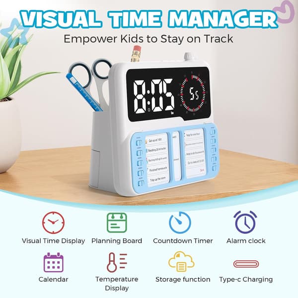 7-i-1 Visuell Timer med Oppgaveplanlegger Alarm Nedtelling Kalender Temperaturvisning og Oppbevaring Blå for Hjem og Skole