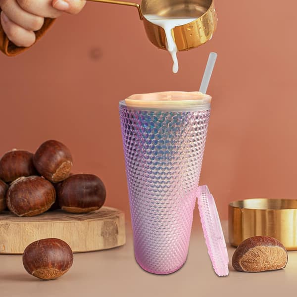 Nitad mugg med lock och sugrör, dubbelväggig plastmugg lämplig för iskaffe, kalla drycker eller vatten