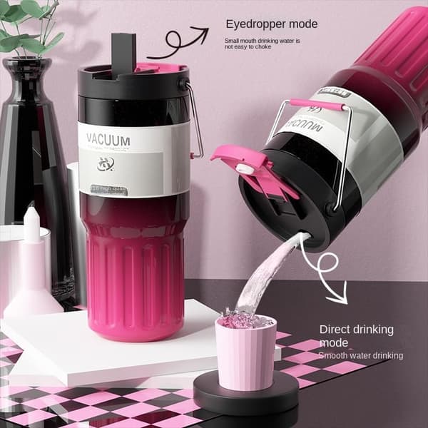 Termokopp i rustfritt stål med sugerør Pink