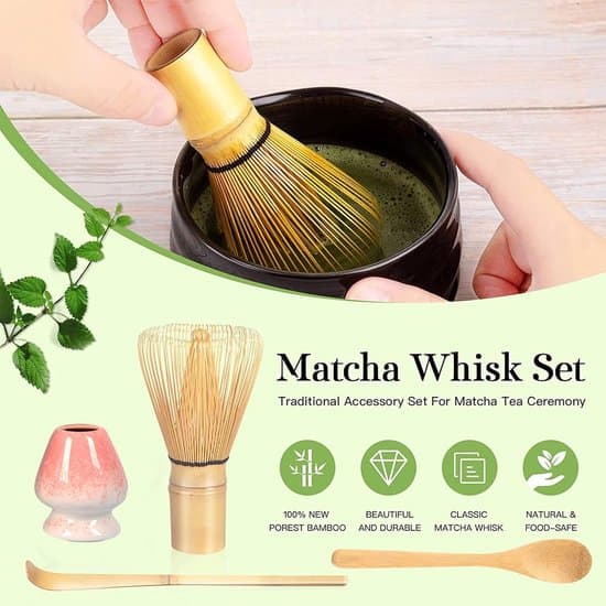 Matcha-set - Matcha-visp - Set om 4 - Matcha-skål i bambu - 11cm - Traditionell sked (te) - tesked - omrörningsställ - perfekt matcha-set i bambu - rosa